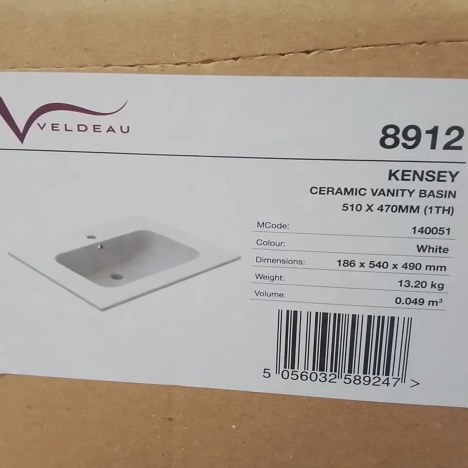 BOXED AS NEW VELDEAU KENSEY CERAMIC VANITY BASIN IN WHITE - 410X470MM 1-TAP