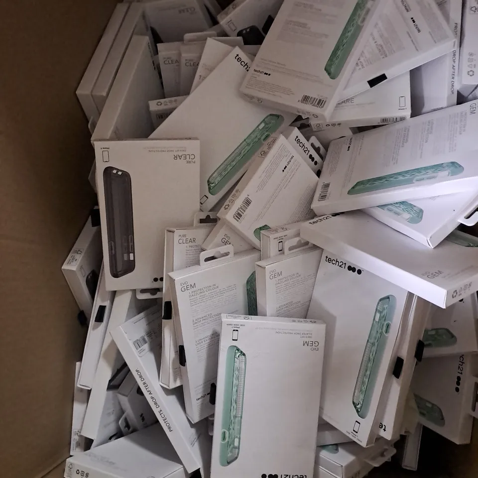 BOX OF APPROXIMATELY 100 ASSORTED TECH21 PHONE CASES AND SCREEN PROTECTORS