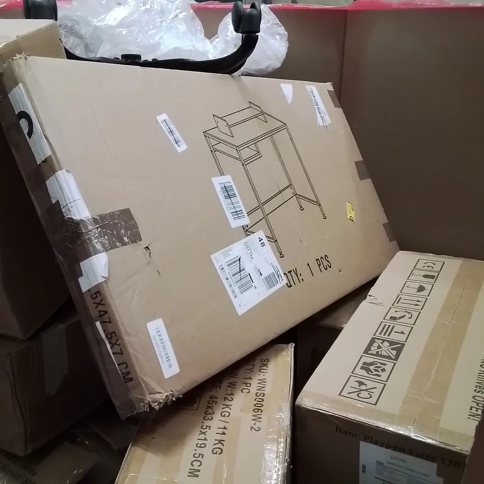 PALLET OF ASSORTED HOUSEHOLD ITEMS AND CONSUMER PRODUCTS TO INCLUDE; KIDS CAR BOOSTER SEATS, AIR COOLERS, CAT LITTER BOX, BABY WALKER ETC