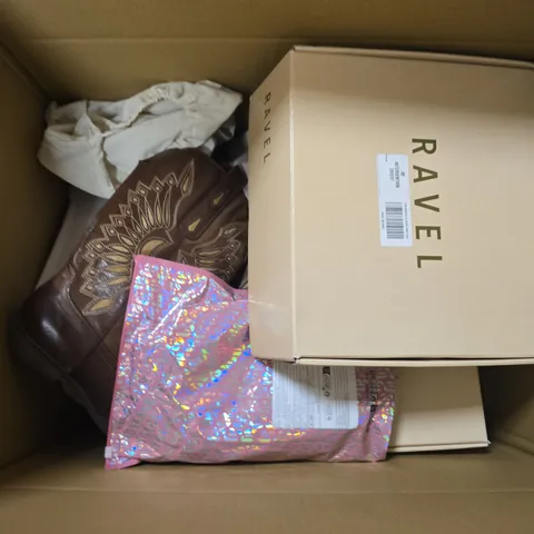 BOX OF APPROXIMATELY 12 PAIRS OF ASSORTED SHOES IN VARIOUS COLOUR, STYLES AND SIZES