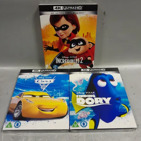 3 X ASSORTED SEALED DISNEY 4K ULTRA HD BLU-RAYS TO INCLUDE INCREDIBLES 2, CARS 3, FINDING DORY ETC