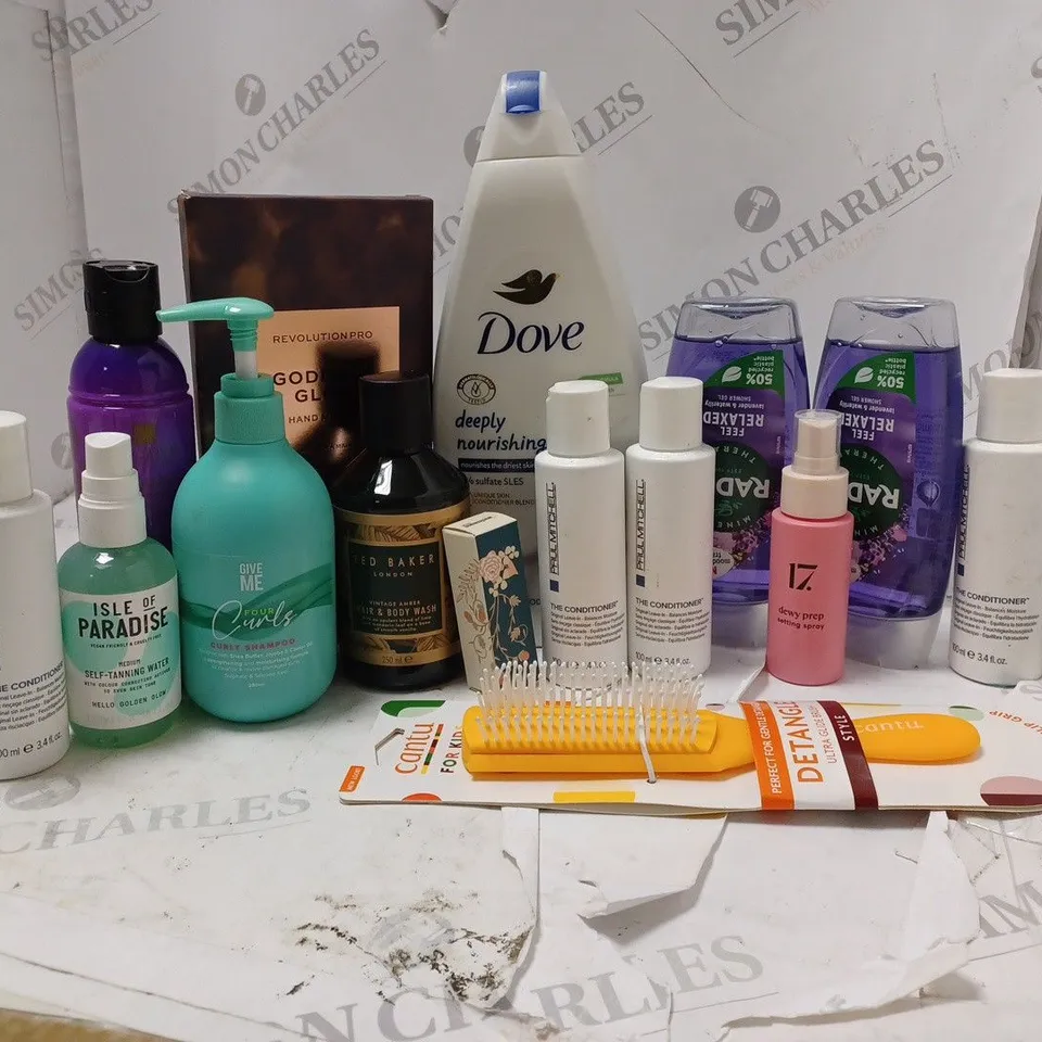 LOT OF BEAUTY PRODUCTS TO INCLUDE PAUL MITCHELL CONDITIONER, CANTU HAIR BRUSH, ETC