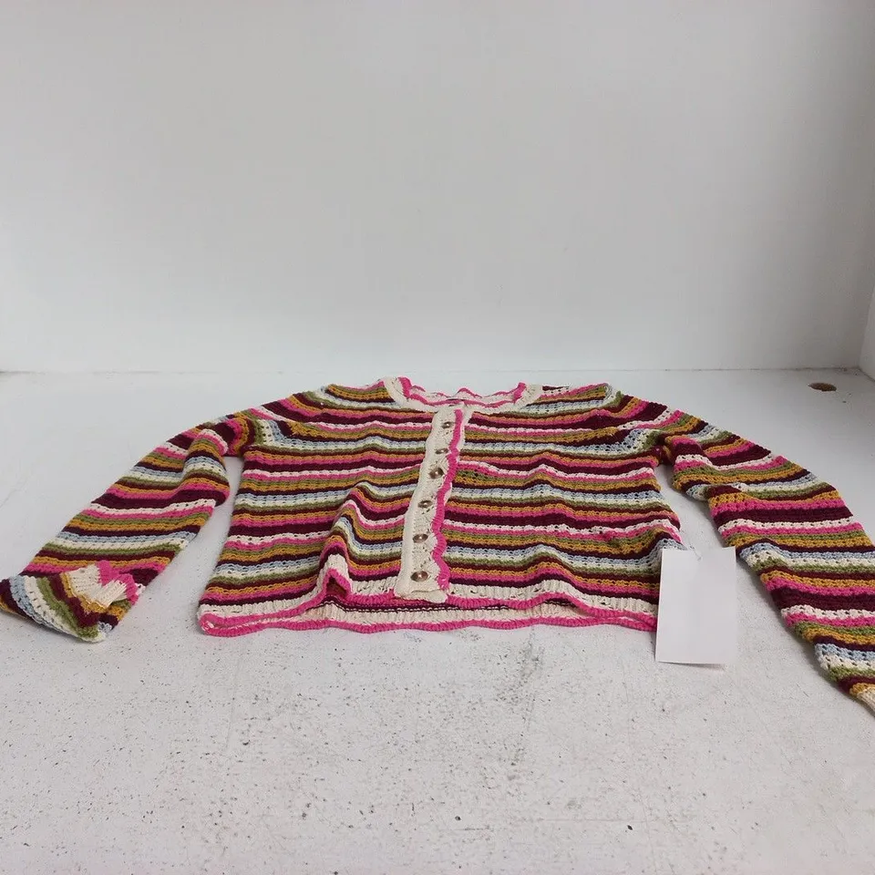 NOBODY'S CHILD WOMEN'S MULTI-STRIPE MOCK CROCHET CARDIGAN – UK SIZE S