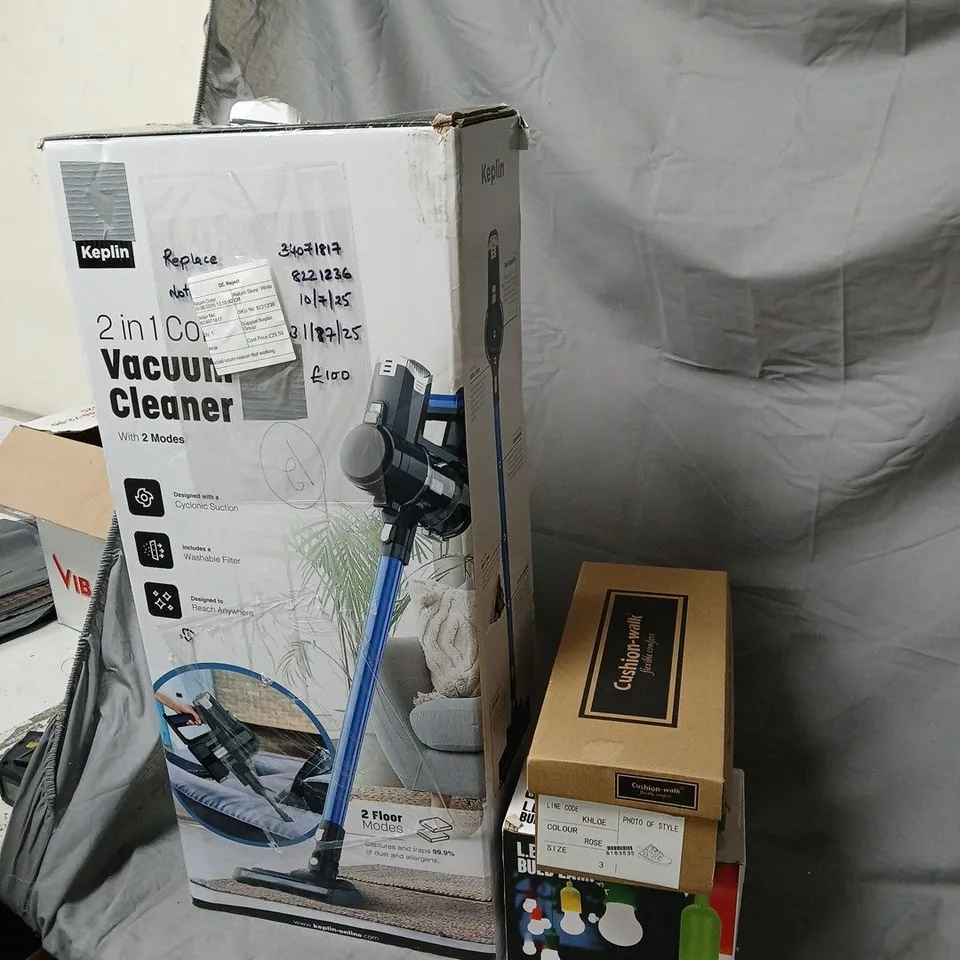 ASSORTED HOME APPLIANCES & PACKING MATERIALS LOT – VACUUMS, BLADELESS AIR COOLER & BOXES CAGE OF ASSORTED HOUSEHOLD GOODS APPROXIMATELY 20 ITEMS .DAMAGED SPARES AND  REPAIRS ITEMS .