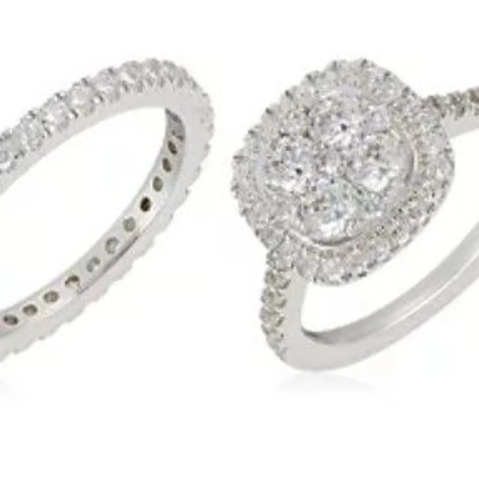 DIAMONIQUE 1.85CT TW CUSHION CUT CLUSTER RING SET STERLING SILVER