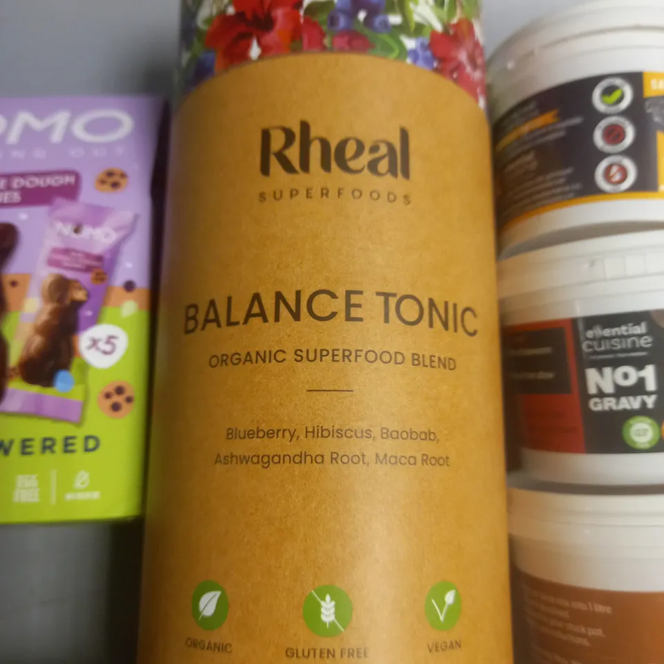 LOT OF 25 ASSORTED FOOD AND DRINK ITEMS TO INCLUDE TENSING POWER SHOTS, VARIOUS STOCKS AND RHEAL BALANCE TONIC