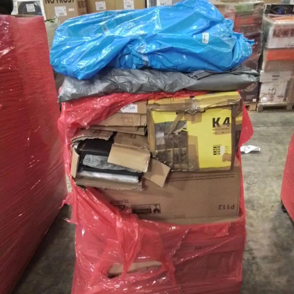 PALLET OF MIXED HOUSEHOLD ITEMS TO INCLUDE; K4 PRESSURE WASHER, WOOD EFFECT DRAWS, BUCKET STORAGE UNIT, SPRAY PAINTING CLOTHES HANGER ETC,