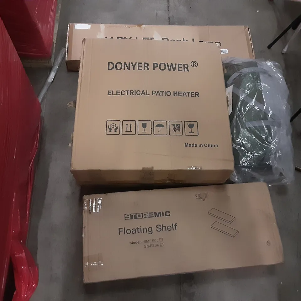 PALLET OF ASSORTED PRODUCTS INCLUDING KERALA FLOOR FAN, STOREMIC FLOATING SHELF, DONYER POWER ELECTRICAL PATIO HEATER, KARY LED DESK LAMP, GONEX,  3 LAYERS OF CLOTHES HANGERS