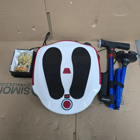 LARGE QUANTITY OF ASSORTED ITEMS TO INCLUDE GOLD TREE ORNAMENT, FOOT MASSAGER, COLLAPSIBLE WAKING STICK ETC - COLLECTION ONLY