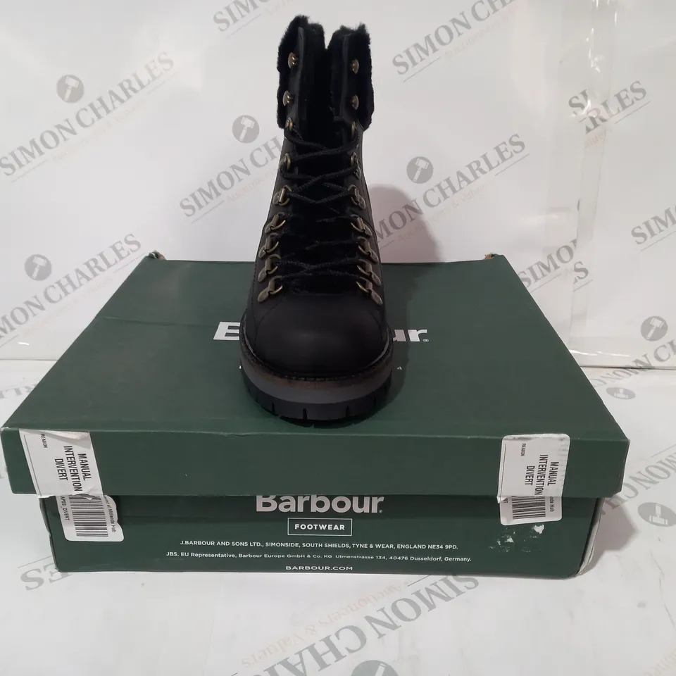 BOXED PAIR OF BARBOUR ANKLE BOOTS IN BLACK UK SIZE 5