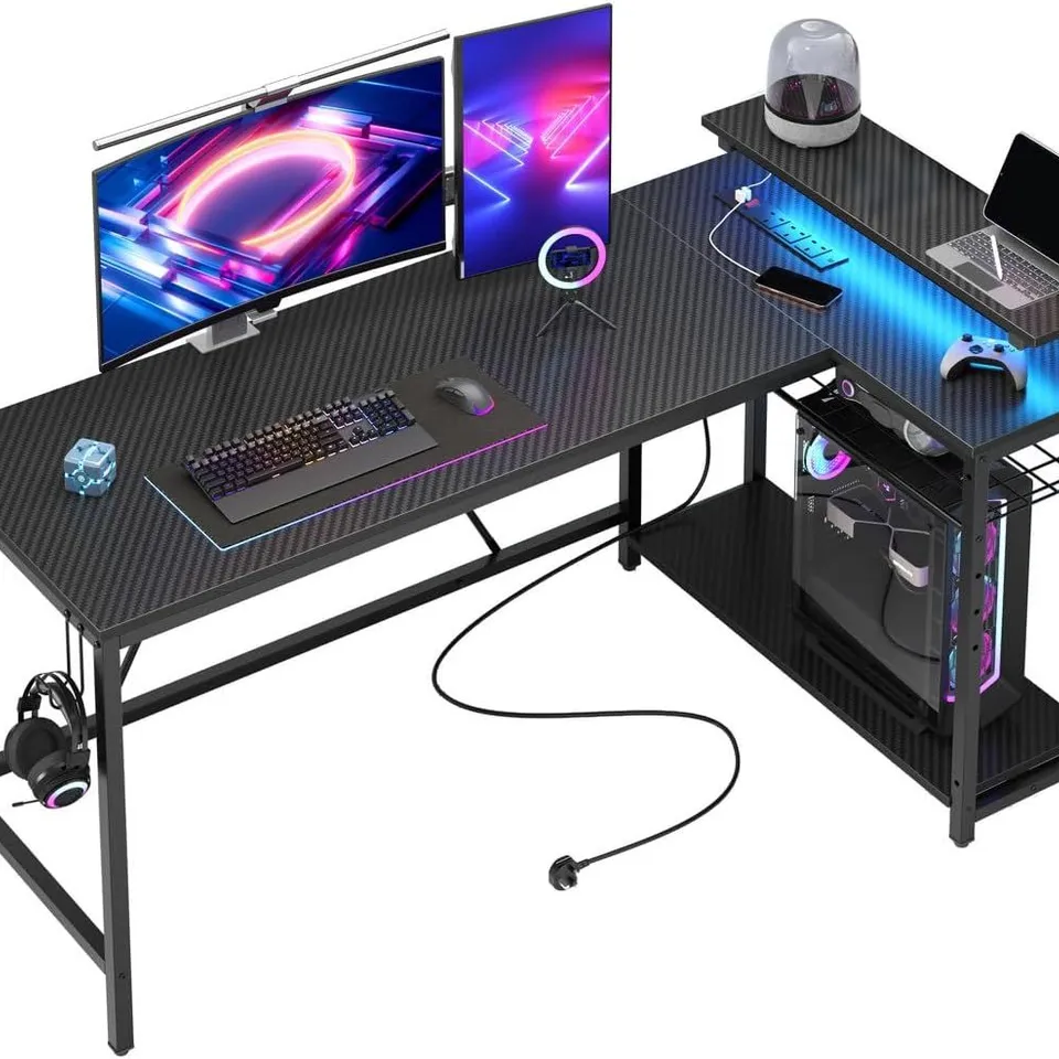BOXED BESTIER 147cm L-SHAPED GAMING DESK WITH RGB LIGHTS & POWER OUTLETS - BLACK (1 BOX)