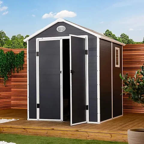 BOXED CHARLES BENTLEY PLASTIC STORAGE GARDEN SHED 6.3FT X 6.2FT GREY MED ROOF OUTDOOR (2 BOXES)