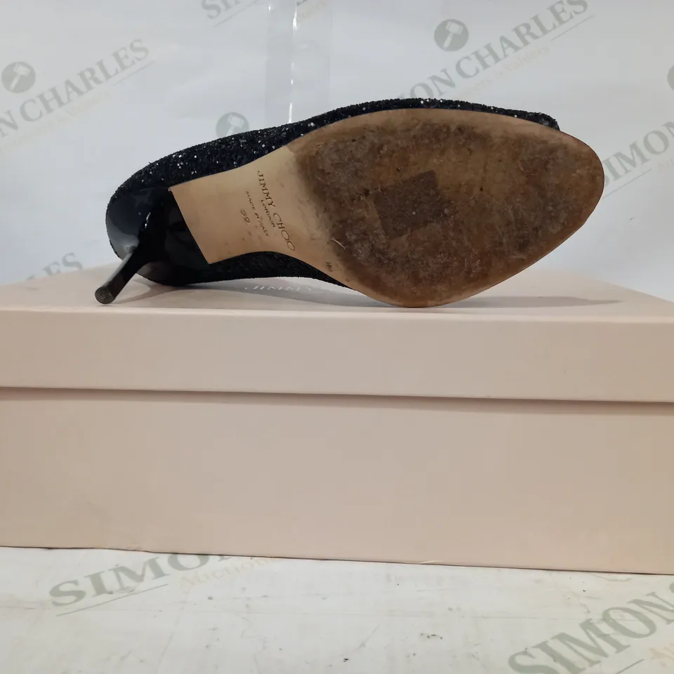 BOXED PAIR OF JIMMY CHOO COARSE GLITTER HIGH HEELS IN BLACK EU SIZE 39