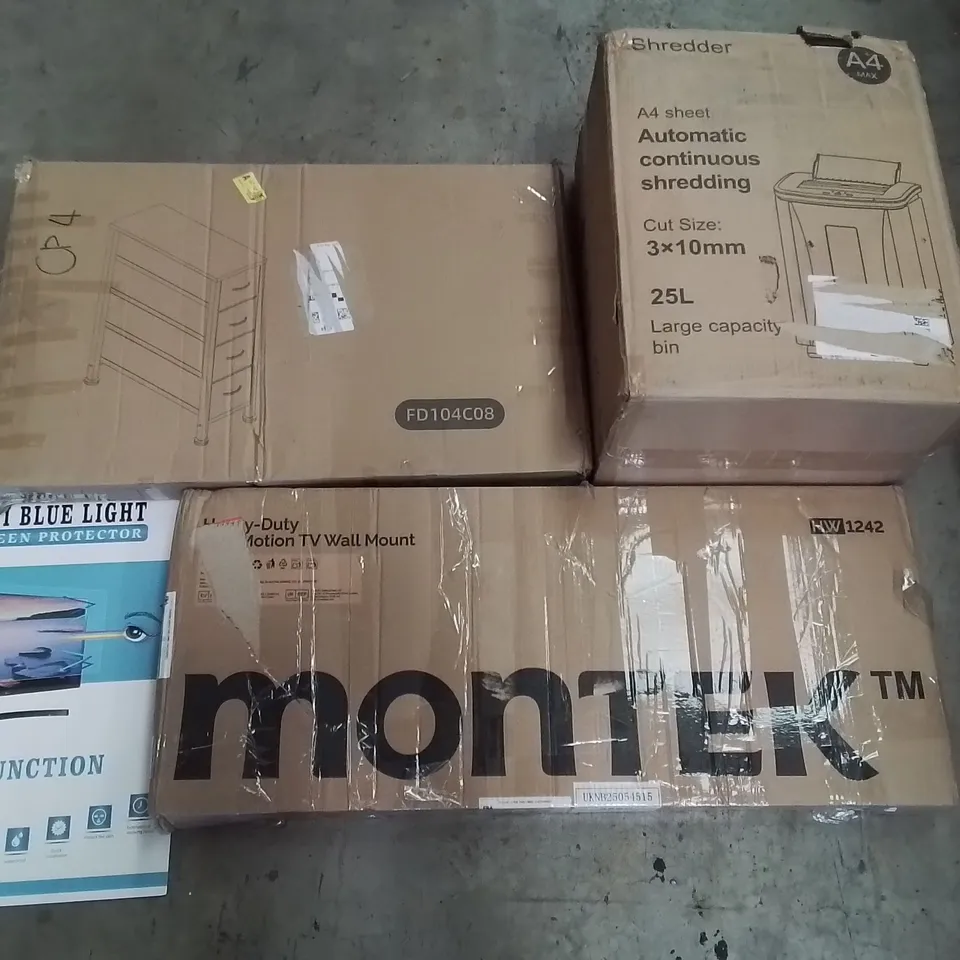 PALLET CONTAINING ASSORTED PRODUCTS INCLUDING SCREEN PROTECTOR, TV WALL MOUNT, PAPER SHREDDER & 4 DRAWER CHEST OF DRAWERS