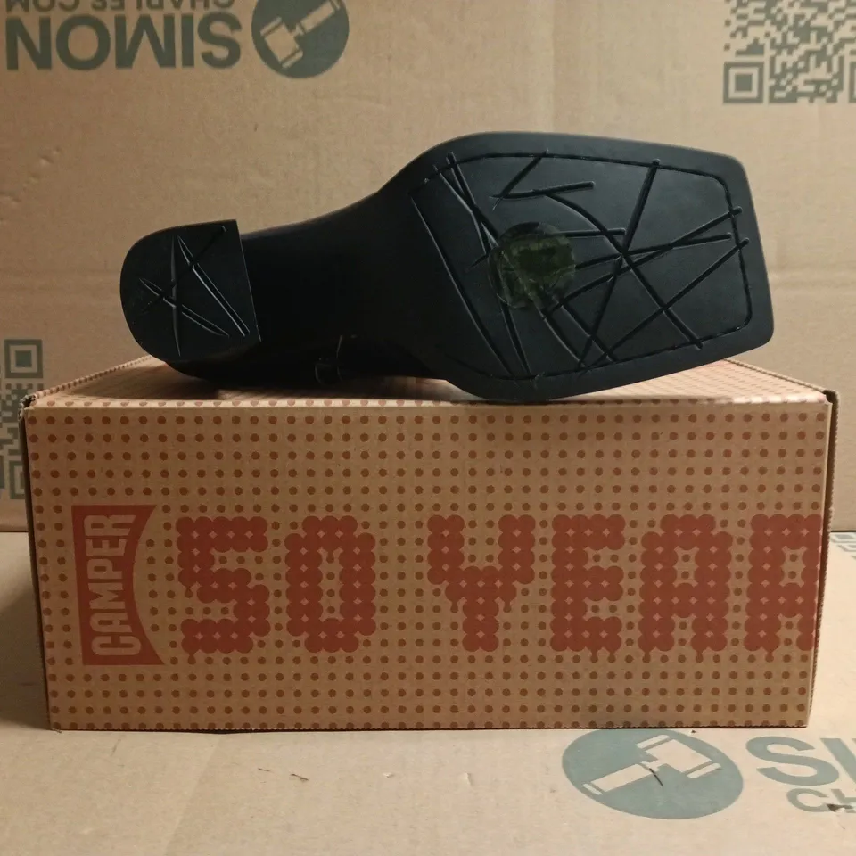 BOXED PAIR OF CAMPER SIDE-ZIP BLOCK HEEL ANKLE BOOTS IN BLUE SIZE EU 37