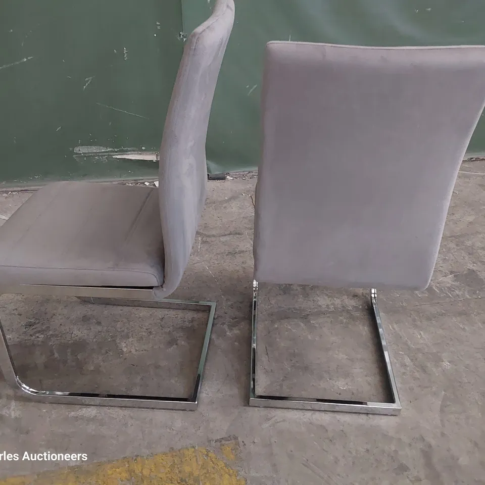 PAIR OF CHROME FRAMED DINING CHAIRS GREY PLUSH FABRIC 