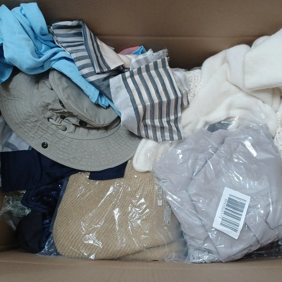 BOX OF APPROX. 50 ASSORTED CLOTHING VARYING IN SIZE/COLOUR/STYLE TO INCLUDE:  TOPS, TROUSERS, JUMPERS