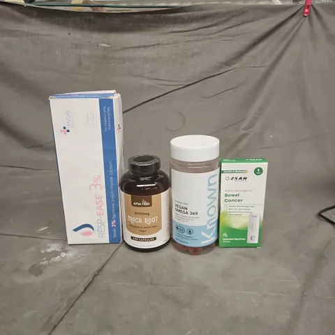 TOTE OF APPROXIMATELY 20 ASSORTED HEALTHCARE PRODUCTS TO INCLUDE RESP-EASE 3% SODIUM CHLORIDE SOLUTION - ALPHA FOODS MACA ROOT CAPSULES AND KNOWN VEGAN OMEGA 369 GUMMIES