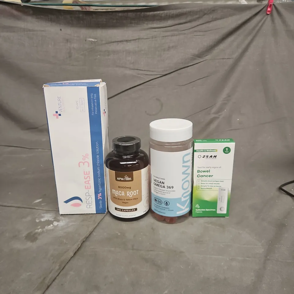 TOTE OF APPROXIMATELY 20 ASSORTED HEALTHCARE PRODUCTS TO INCLUDE RESP-EASE 3% SODIUM CHLORIDE SOLUTION - ALPHA FOODS MACA ROOT CAPSULES AND KNOWN VEGAN OMEGA 369 GUMMIES