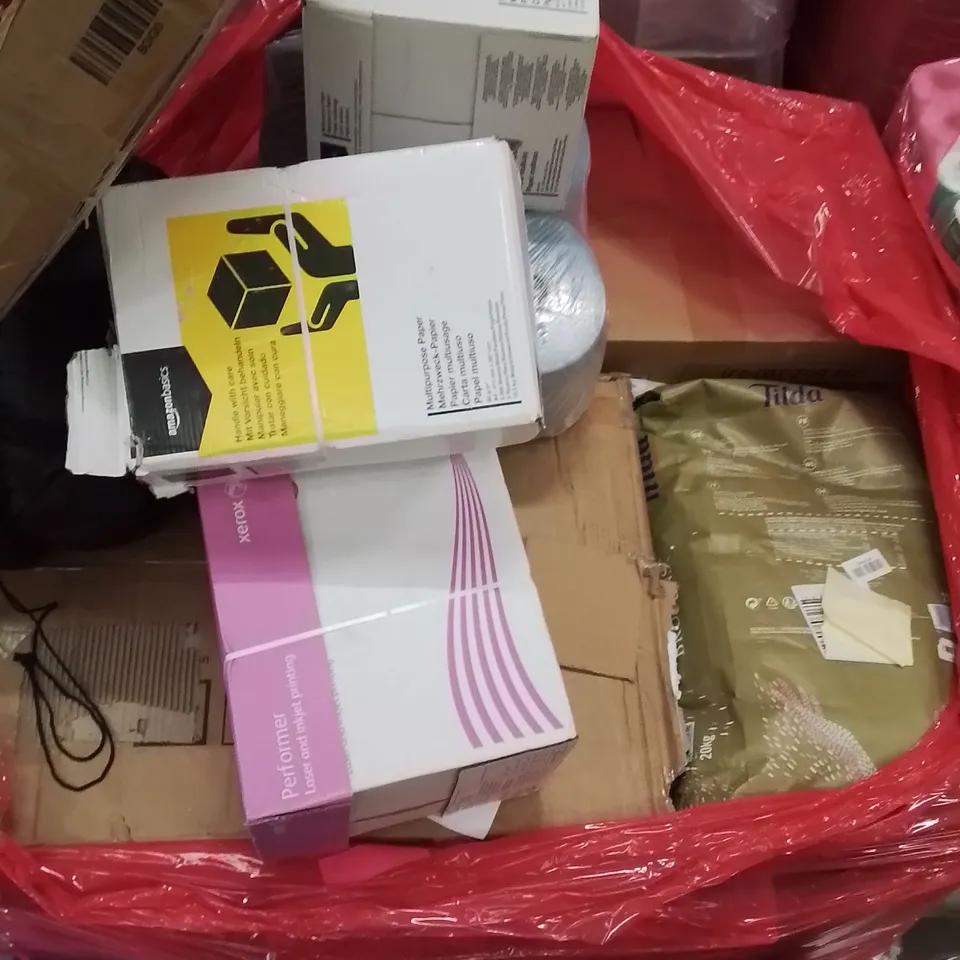 PALLET OF ASSORTED HOUSEHOLD PRODUCTS AND ITEMS TO INCLUDE; MOBILE AIR CONDITIONER,TILDA 20KG OF RICE,HP PAPER