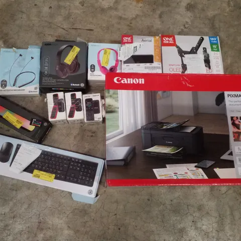 PALLET CONTAINING ASSORTED ELECTRICAL PRODUCTS INCLUDING CANON PIXMA PRINTER, HEADPHONES, NOKIA FLIP PHONES, UNIVERSAL TV WALL MOUNT & WIRELESS KEYBOARD AND MOUSE SET