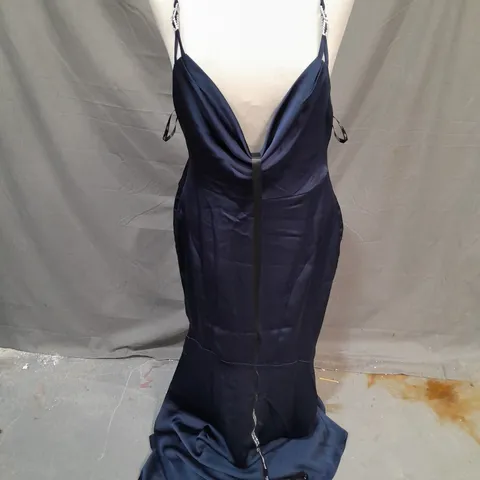 CLUB LONDON MADE WITH LOVE SATIN STRAPPY FISHTAIL MAXI DRESS IN NAVY SIZE 12