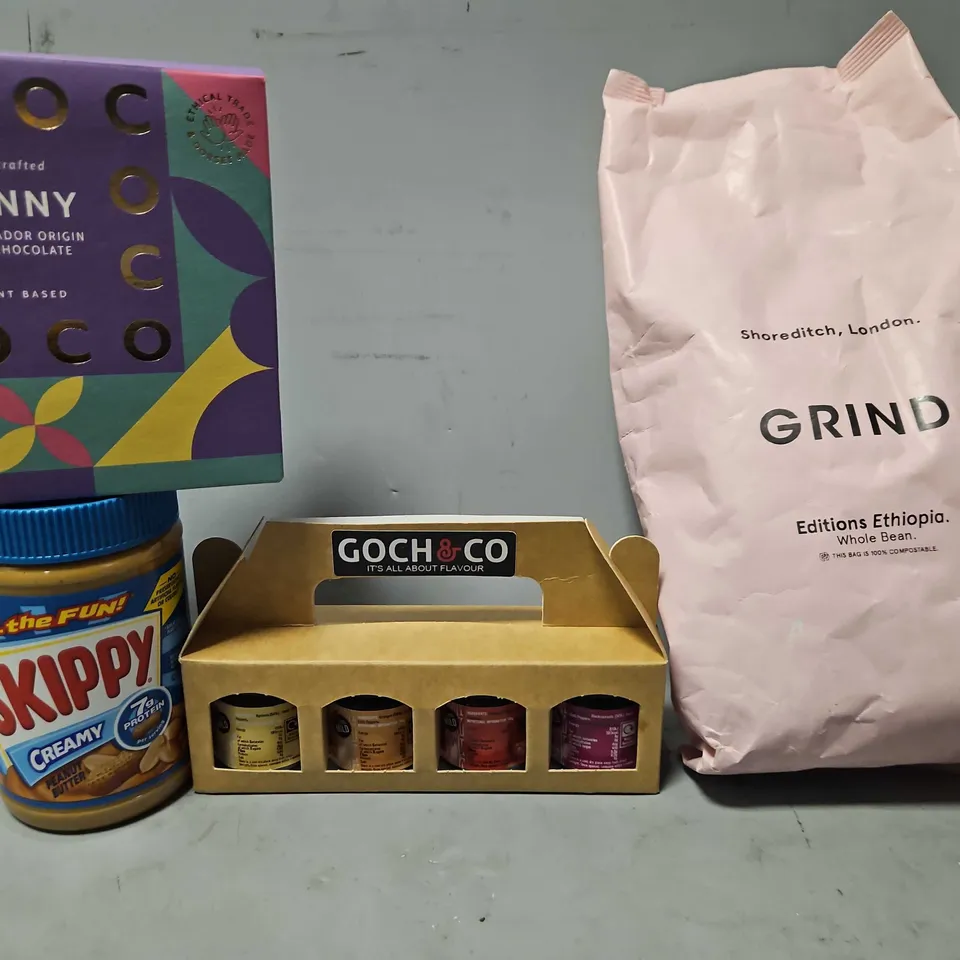 TOTE OF APPROXIMATELY 6 ASSORTED FOOD ITEMS TO INCLUDE - GRIND EDITION ETHIOPIA , BUNNY , SKIPPY ETC