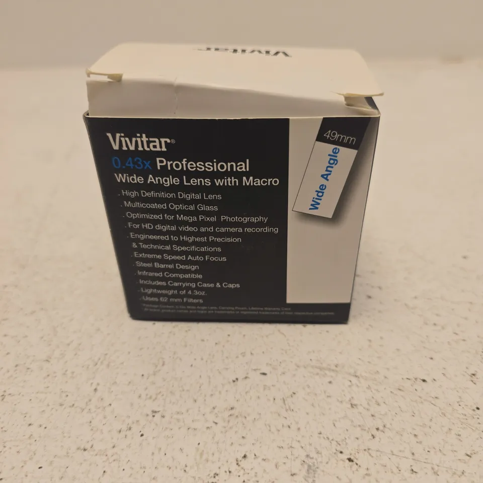 VIVITAR 0.43X PROFESSIONAL WIDE ANGLE LENS WITH MACRO, 49MM – BOXED