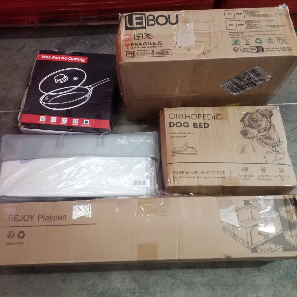 PALLET CONTAINING ASSORTED PRODUCTS INCLUDING WOK PAN, PLAYPEN, DOG BED  PLAYMAT & PEDICURE FOOT REST