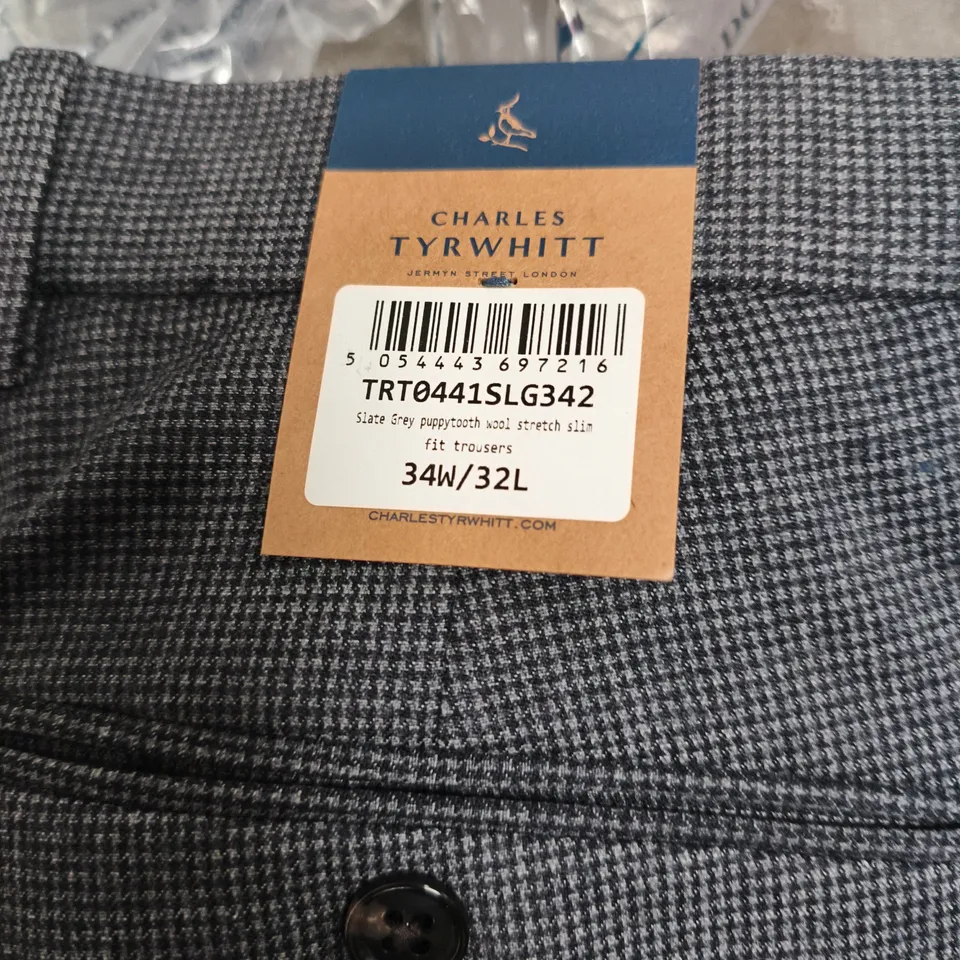 CHARLES TYRWHITT SLATE GREY PUPPYTOOTH WOOL-STRETCH SLIM FIT TROUSERS, UK 34 X 32 (34W/32L)
