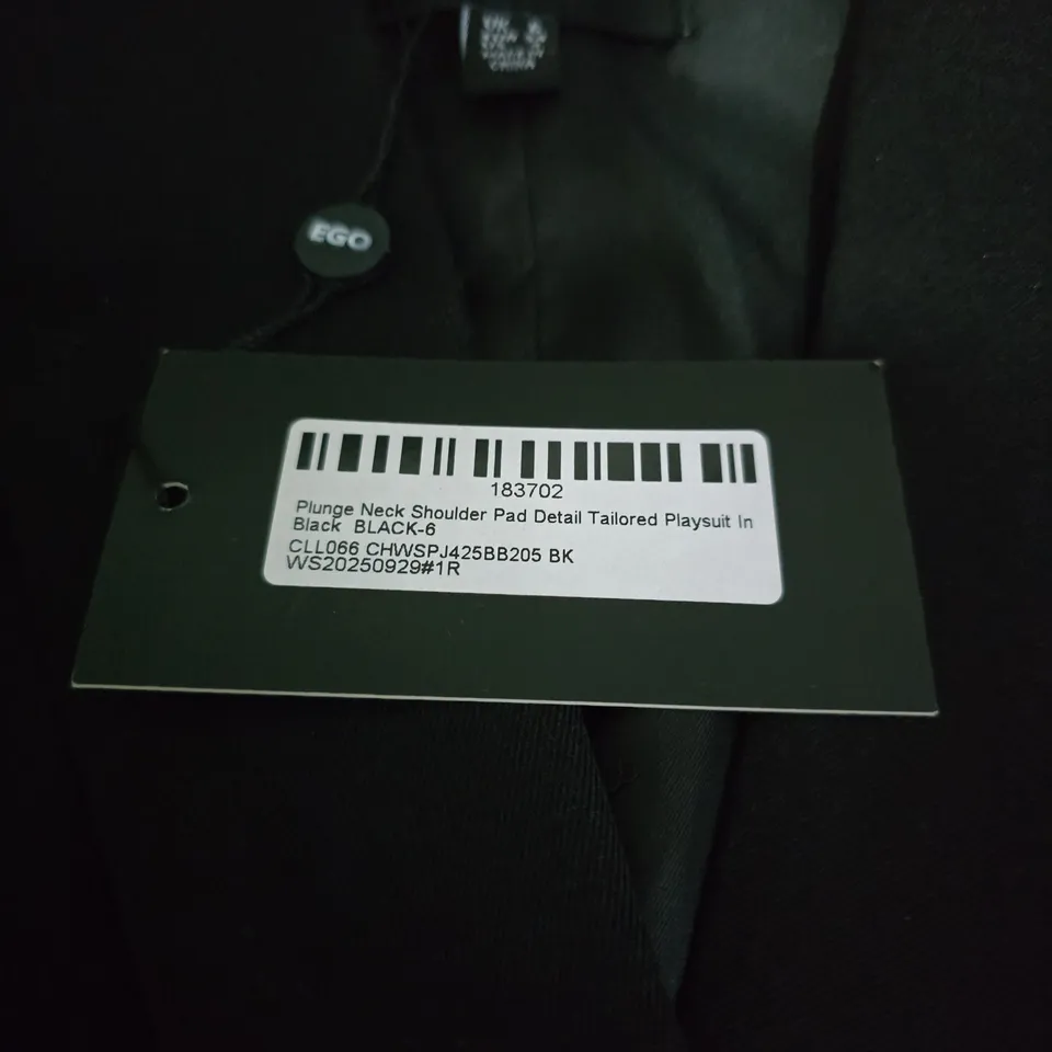 EGO PLUNGE NECK SHOULDER PAD DETAIL TAILORED PLAYSUIT – BLACK SIZE 6