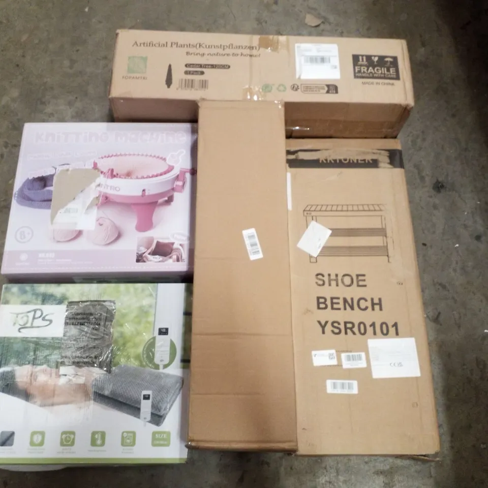 PALLET CONTAINING ASSORTED PRODUCTS INCLUDING ARTIFICIAL PLANTS, SHOE BENCH, ELECTRIC CLOTHES DRYER, KNITTING MACHINE & HEATED THROW 