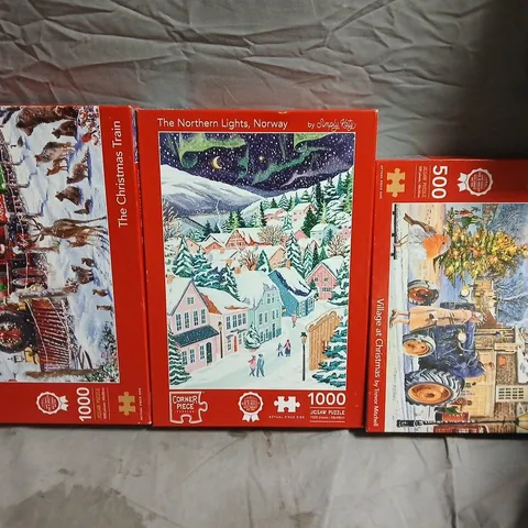 LOT OF 3 CORNER PIECE CHRISTMAS THEMED JIGSAW PUZZLES - 2X 1000-PIECE 1X 500-PIECE