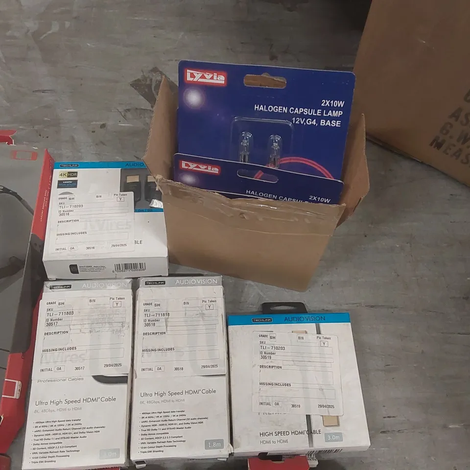 BOX CONTAINING ASSORTED ELECTRICALS AND ACCESSORIES INCLUDING: STEALTH STARTER PACKS FOR NINTENDO SWITCH, HDMI CABLES, HALOGEN CAPSULE LAMPS