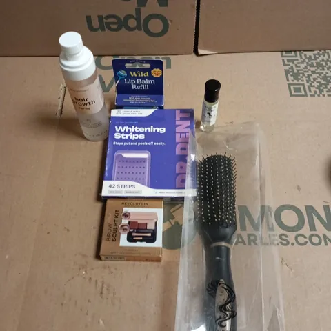 APPROXIMATEY 20 ASSORTED HEALTH AND BEAUTY PRODUCTS TO INCLUDE - TEETH WHITENING STRIPS - REVOLUTION BROW SCULPT KIT AND A WILD LIP BALM REFILL