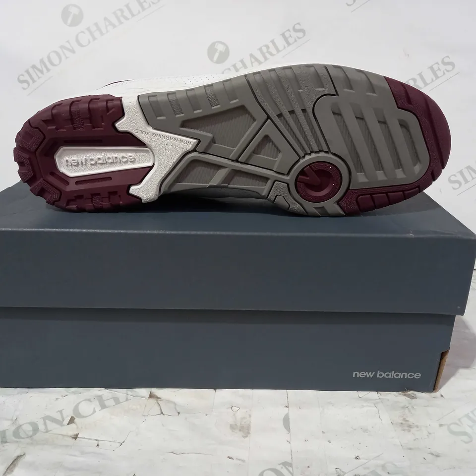 BOXED PAIR OF NEW BALANCE 550 TRAINERS IN WHITE/BURGUNDY/CYAN UK SIZE 9.5