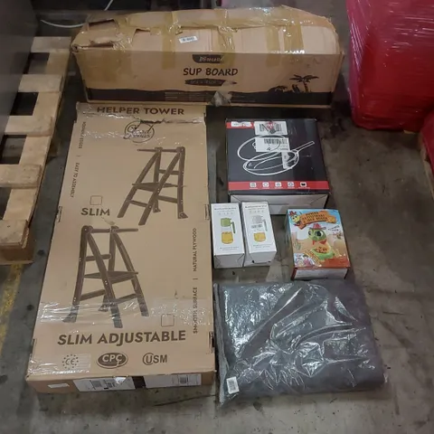 PALLET OF ASSORTED ITEMS INCLUDING: SUP BOARDS, HELPER TOWER, FRYING PAN, MULTIFUNCTIONAL OILER, TOYS ECT
