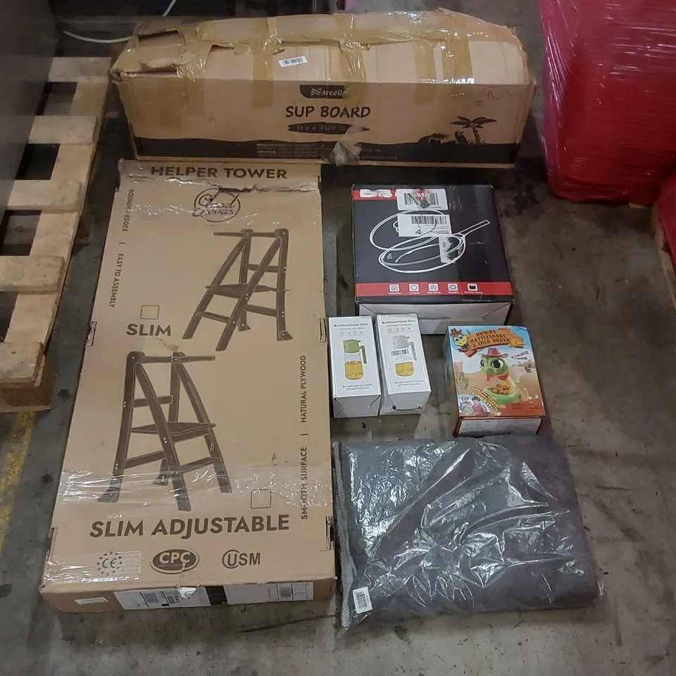 PALLET OF ASSORTED ITEMS INCLUDING: SUP BOARDS, HELPER TOWER, FRYING PAN, MULTIFUNCTIONAL OILER, TOYS ECT