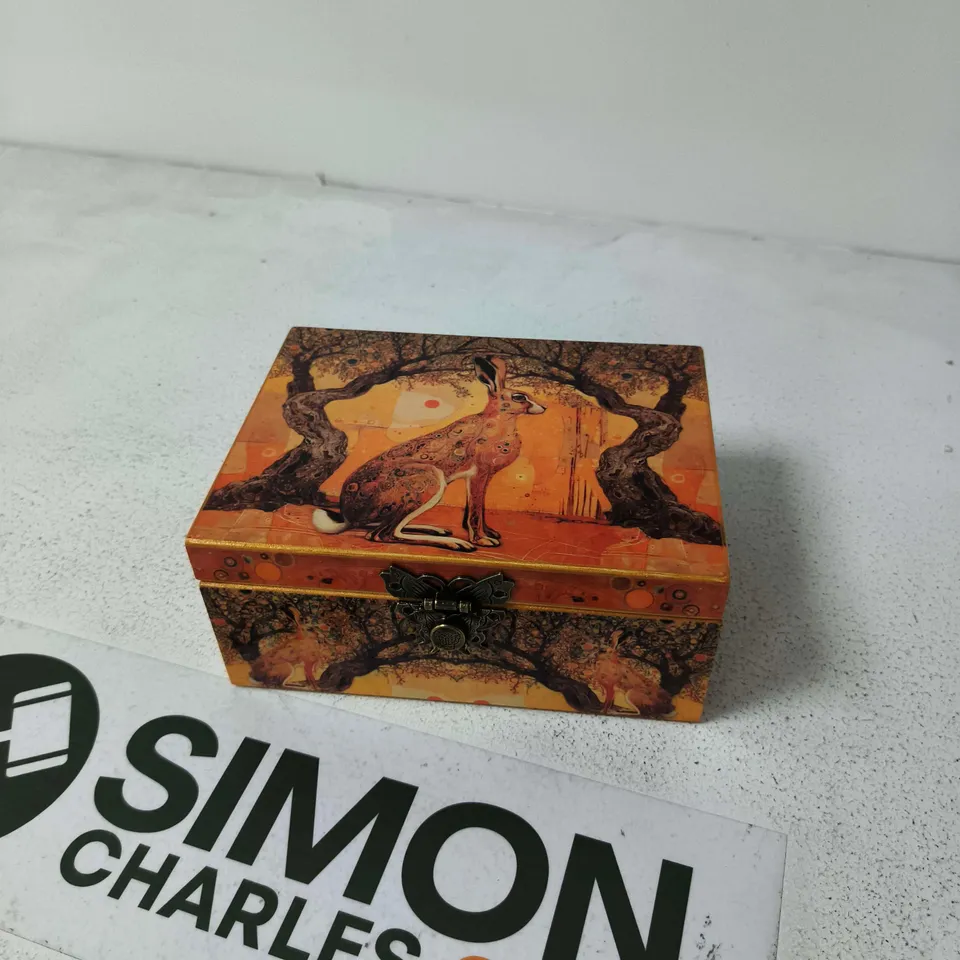 DECORATIVE LACQUERED TRINKET BOX WITH HARE AND TREES MOTIF