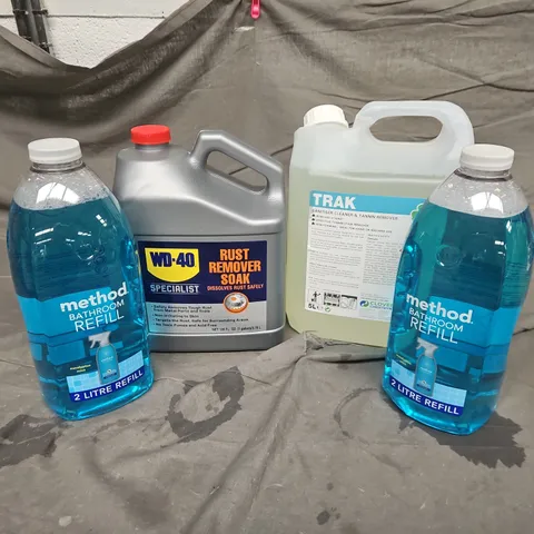 4 ASSORTED LARGE LIQUIDS TO INCLUDE METHOD BATHROOM REFILL, WD-40 RUST REMOVER SOAK, TRAK SANITISER CLEANER - COLLECTION ONLY