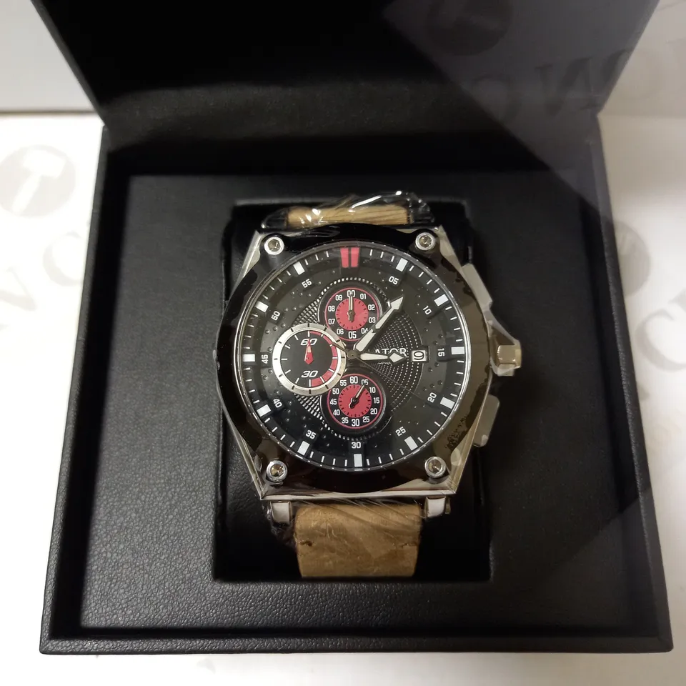 LATOR CALIBRE BLACK & RED TRIPLE DIAL SUEDE LEATHER STRAP WATCH RRP £635