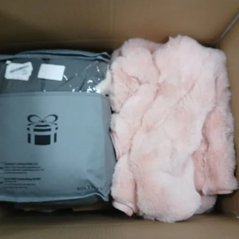 LARGE BOX OF MIXED HOUSEHOLD ITEMS INCLUDING PINK PLUSH BABY BLANKET, WALLPAPER ETC