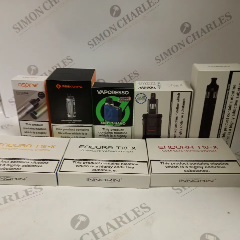 BOX OF APPROXIMATELY 20 ASSORTED VAPING KITS & ACCESSORIES IN VARIOUS BRANDS TO INCLUDE VAPORESSO, ASPIRE, INNOKIN ETC 	