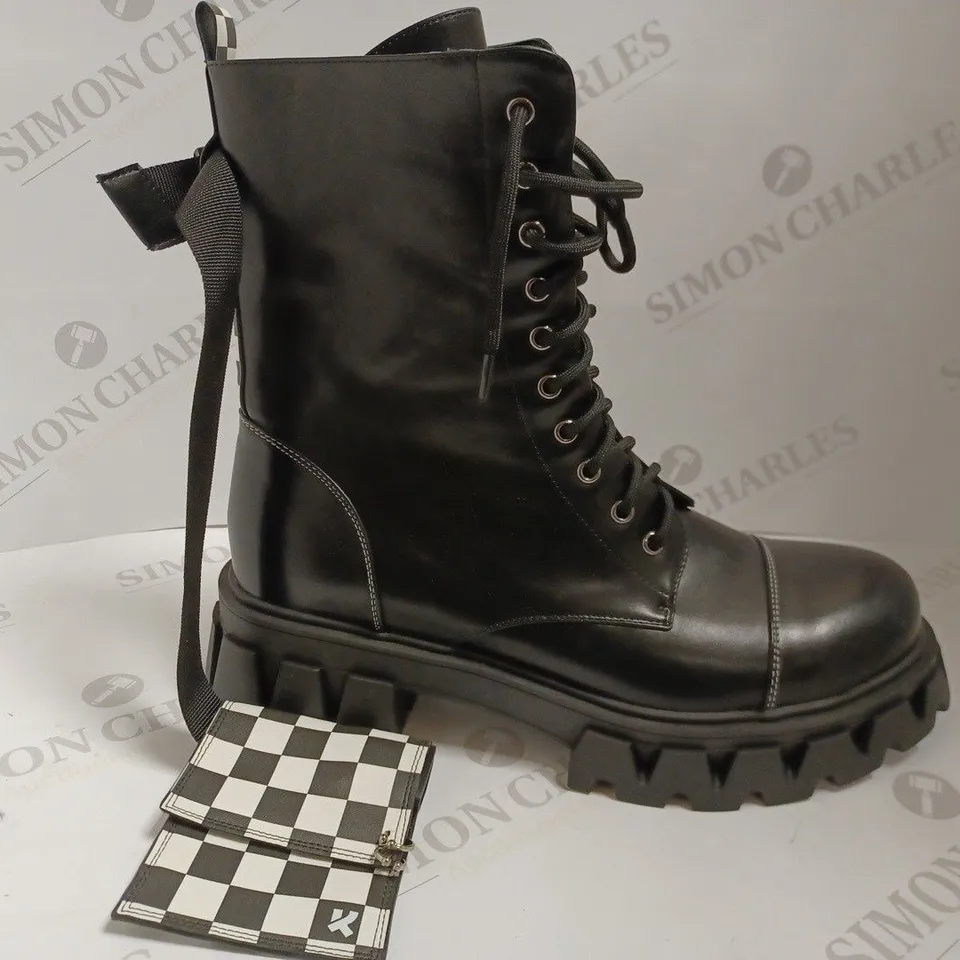 KOI VEGAN BLACK LACE UP BOOTS WITH CHEQUER DETAIL - SIZE 9