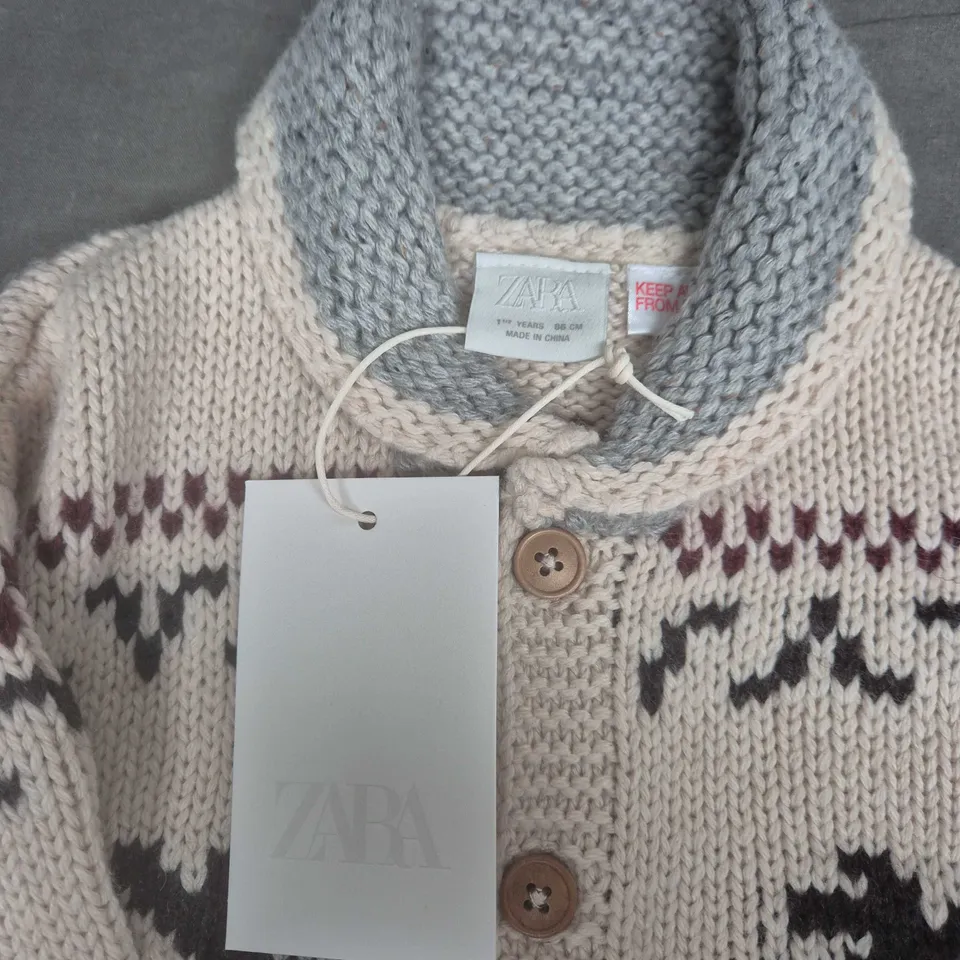 ZARA Kids Knitted Cardigan – Cream/Grey Fair Isle, UK 12-18m (1½ yrs, 86 cm)