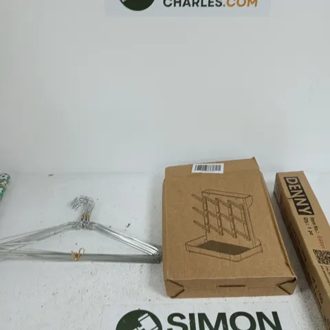 BOX OF APPROXIMATELY 10 ASSORTED ITEMS INCLUDING DENNY GROUND SPIKE, COAT HANGERS AND JUST TO SAY 3 METERS GIFT WRAP