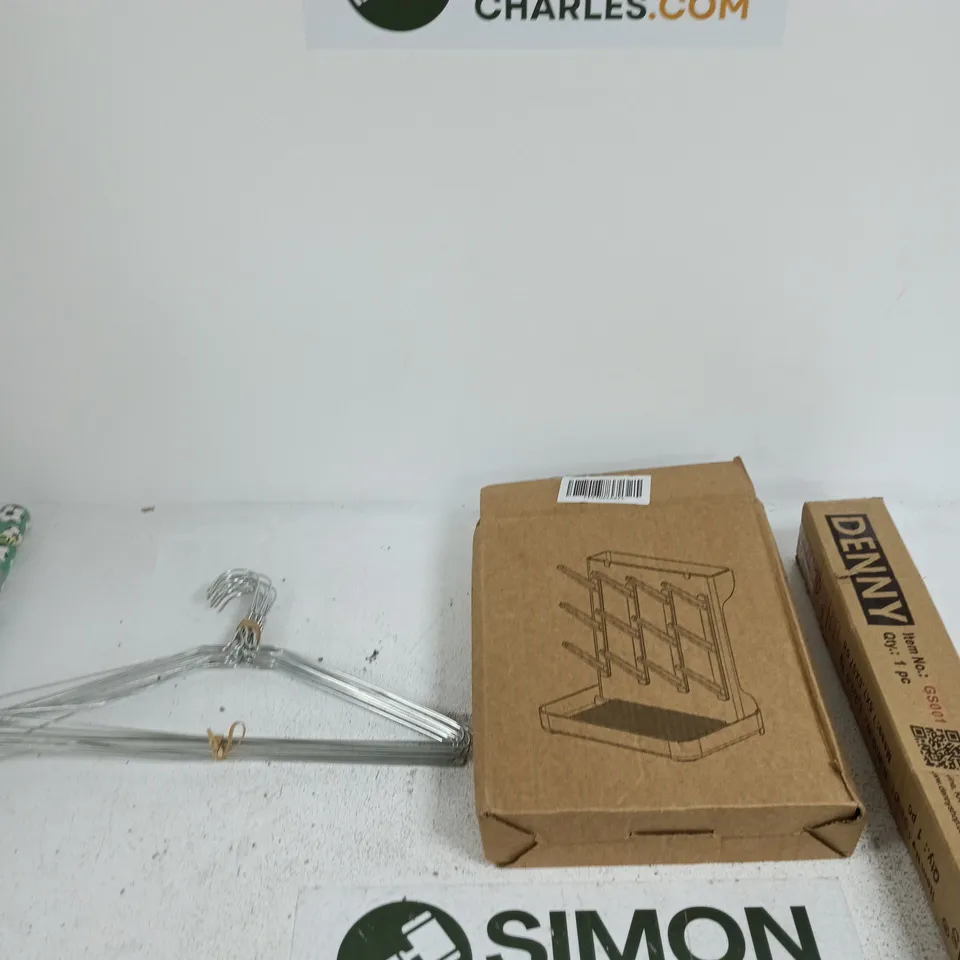 BOX OF APPROXIMATELY 10 ASSORTED ITEMS INCLUDING DENNY GROUND SPIKE, COAT HANGERS AND JUST TO SAY 3 METERS GIFT WRAP