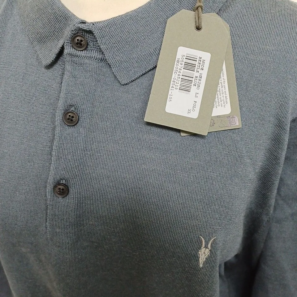 ALL SAINTS MERINO LS POLO IN BEETLE BLUE - XL
