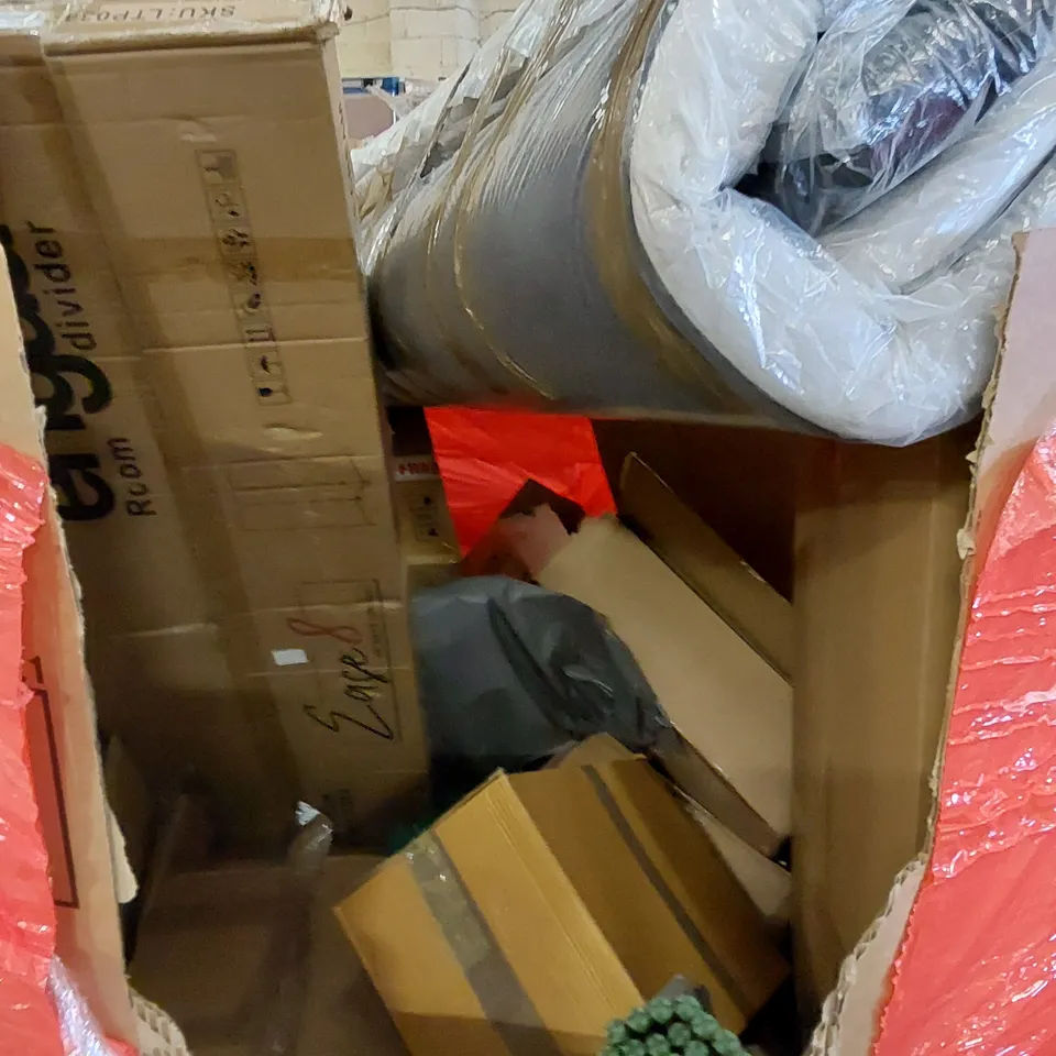 PALLET TO CONTAIN ASSORTED HOUSEHOLD PRODUCTS. INCLUDES ROOM DIVIDER, MATTRESS TOPPER, BOXED FURNITURE ETC 