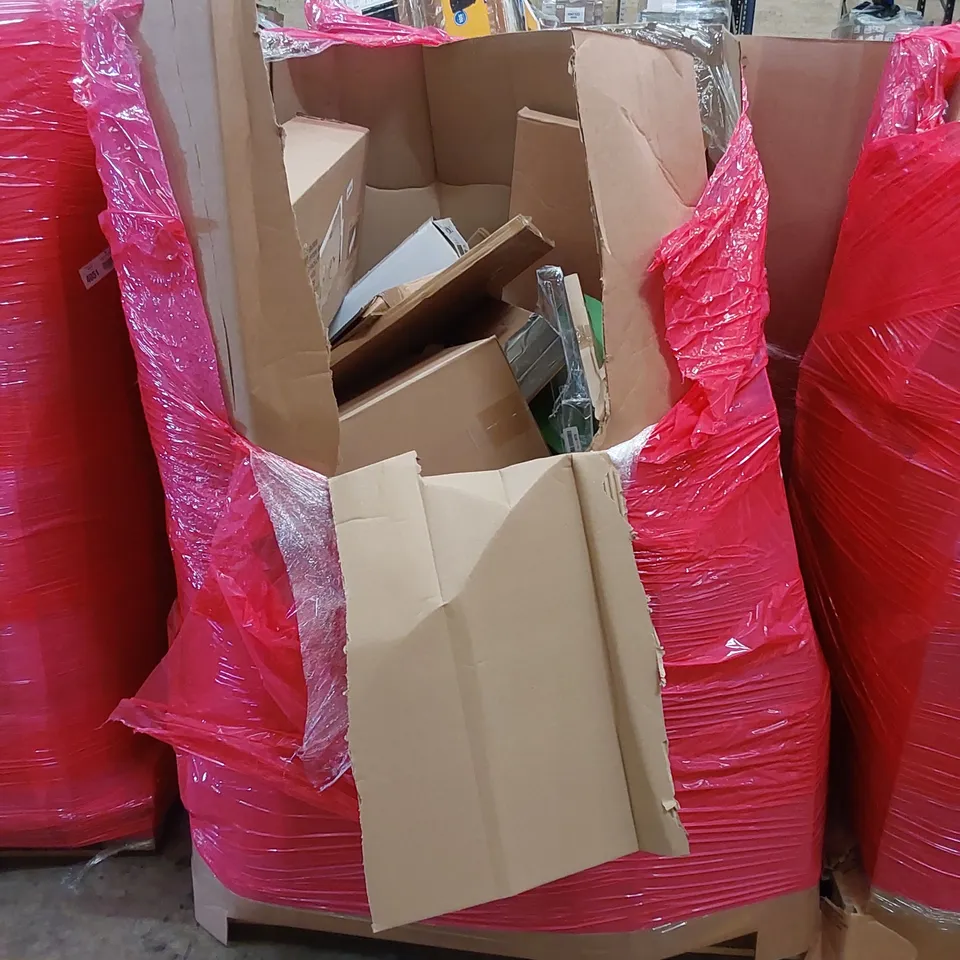 PALLET OF ASSORTED HOUSEHOLD ITEMS AND CONSUMER PRODUCTS TO INCLUDE; PLAYPEN, DANCE MAT, KEYBOARD, BOXED FURNITURE ETC
